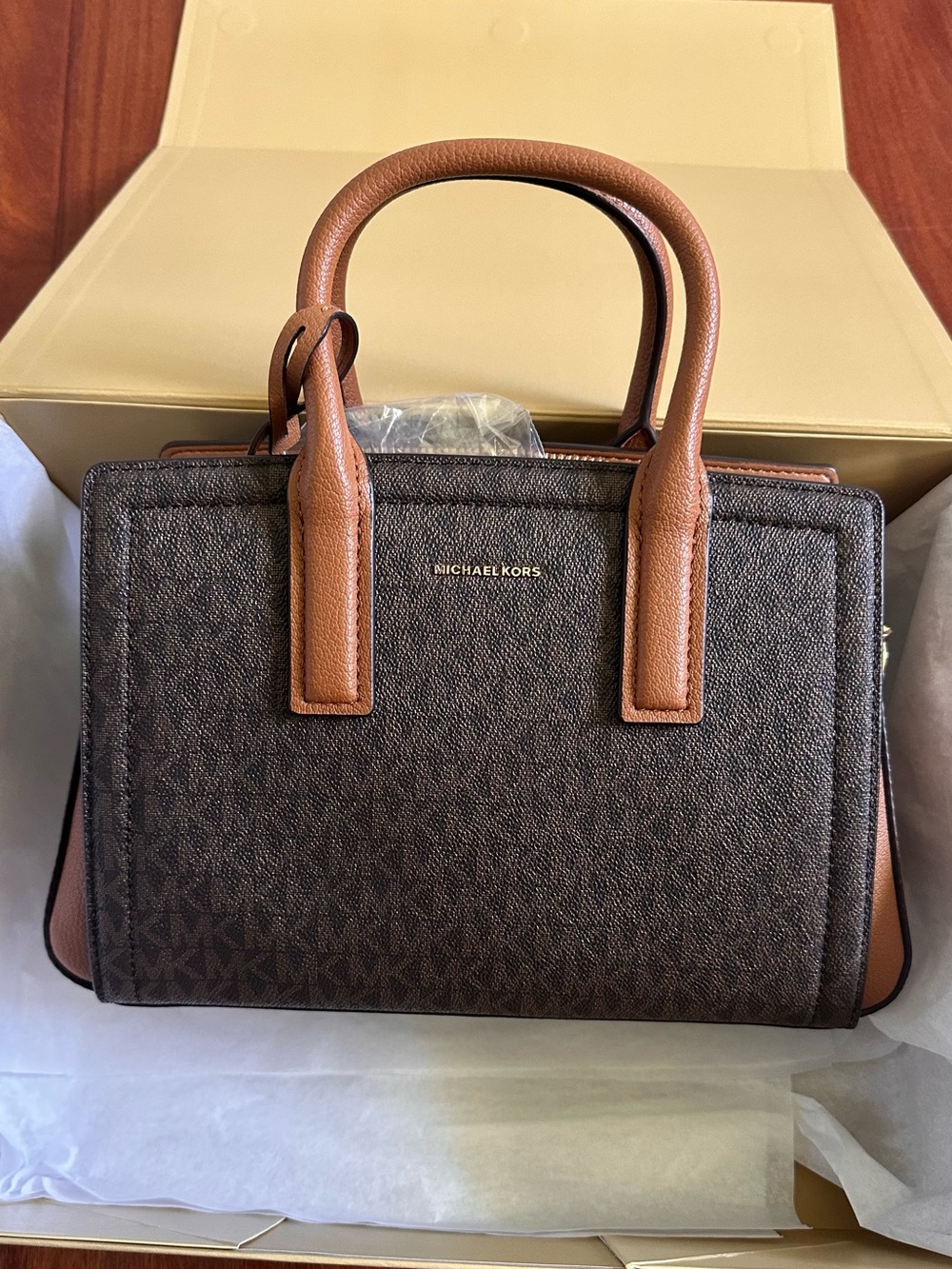 Michael Kors Laila Small Satchel Brown Acorn Signature PVC Leather NWT